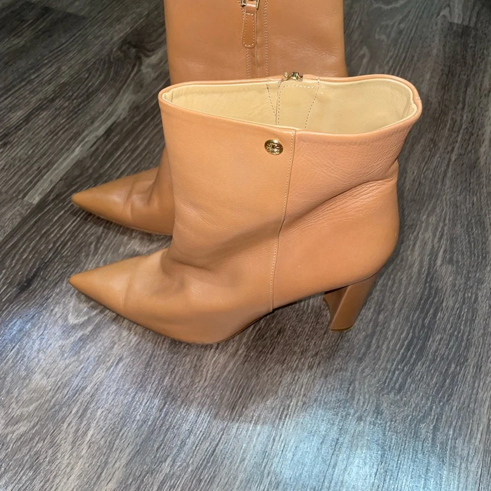 Tory Burch Womens Penelope Leather Ankle Pointed Toe Booties Tan Brown 10.5